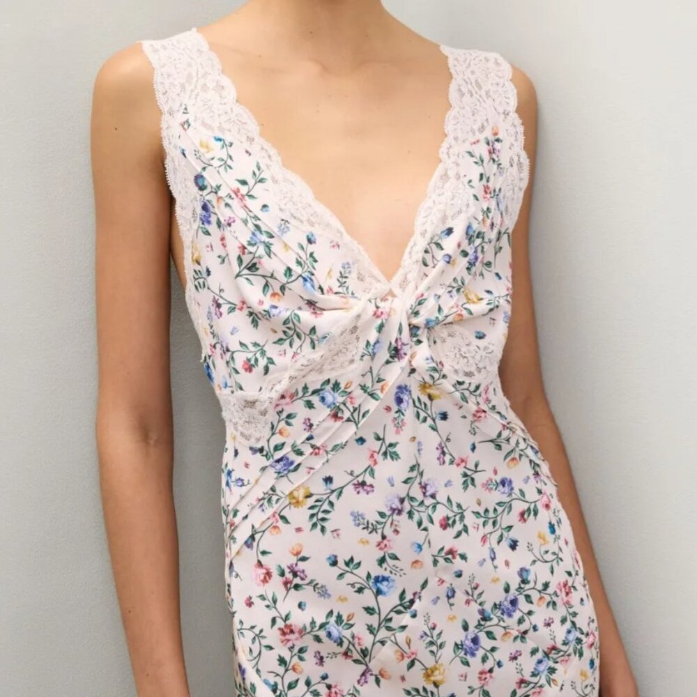 Paco Rabanne Pink Floral Lace V-Neck Slip Dress